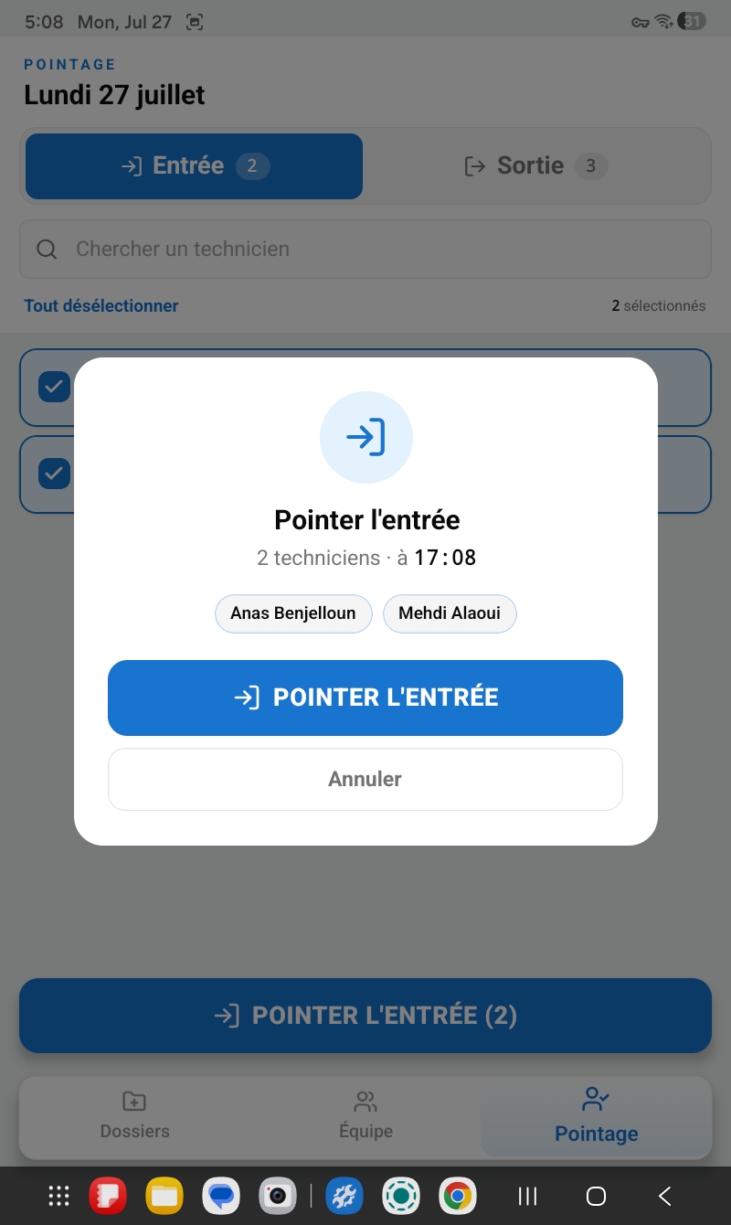 App mobile — pointage des ouvriers (entrée / sortie)
